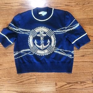 ST JOHN Navy Blue Nautical Short Sleeve Pullover Crop Sweater Sz P